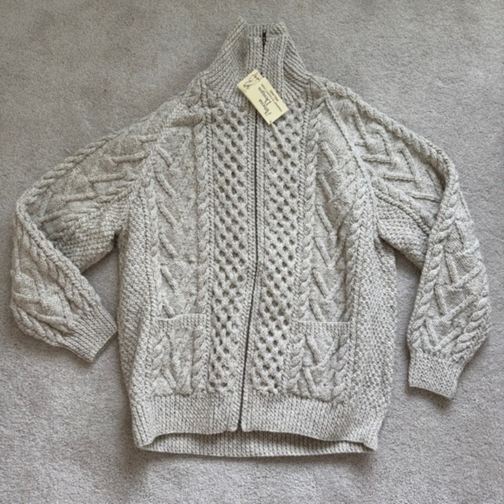 Athena Designs Irish Handknit‎ Wool Zip Cardigan Sweater Oatmeal Mens XL - Picture 7 of 9